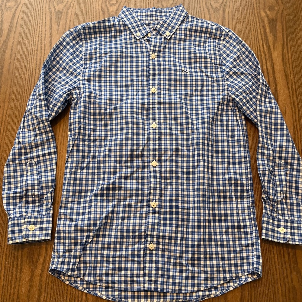 Vineyard Vines Blue and White Plaid Boys Whale Shirt